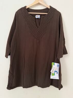 NWT‎ Dunes Tunic Top Women's Brown 100% Cotton Split Woven Neck M 3/4 Sleeve